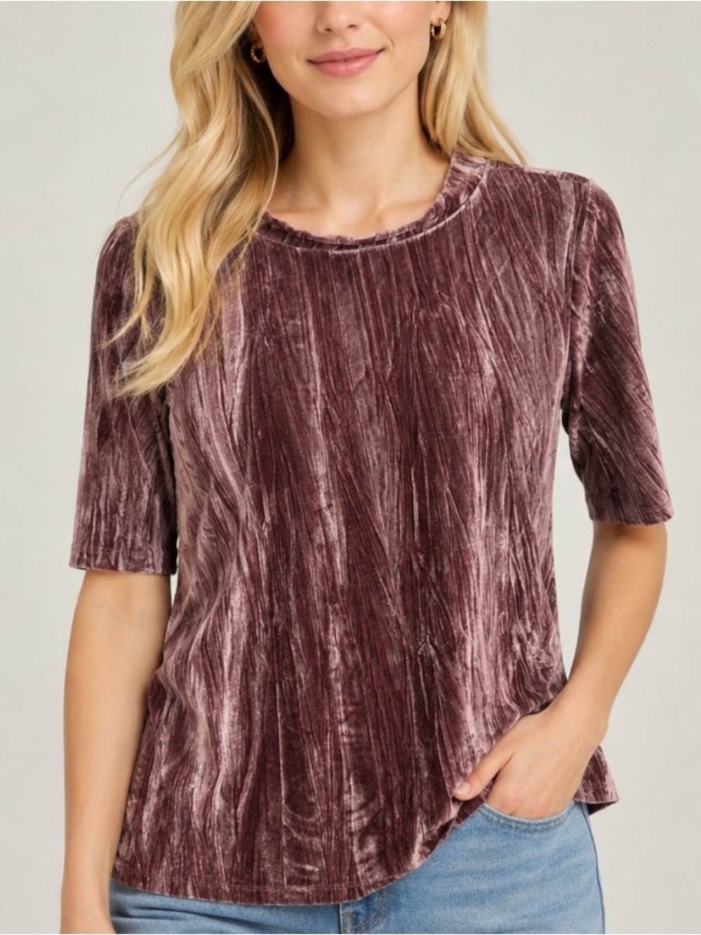 Pilcro Anthropologie Mauve Crushed Velvet Elbow Sleeve Top M 25805